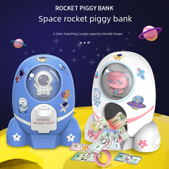 New rocket astronaut piggy bank cartoon sticker manual coin slot coin-operated children's savings bank toy