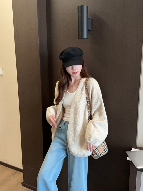 韩系慵懒风肌理感软糯长袖毛衣外套女早秋季显瘦百搭针织开衫上衣|undefined