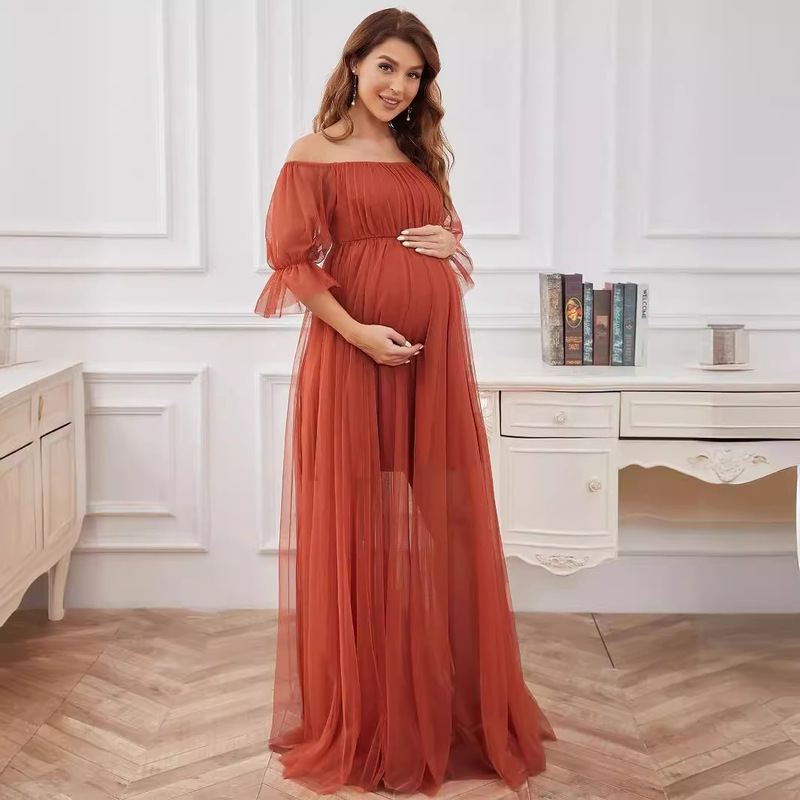 2023 New Evening Dress Pregnant Women's Dress Formal Evening Dress Long Short-sleeved Collar Tulle Solid Color Pregnant Women