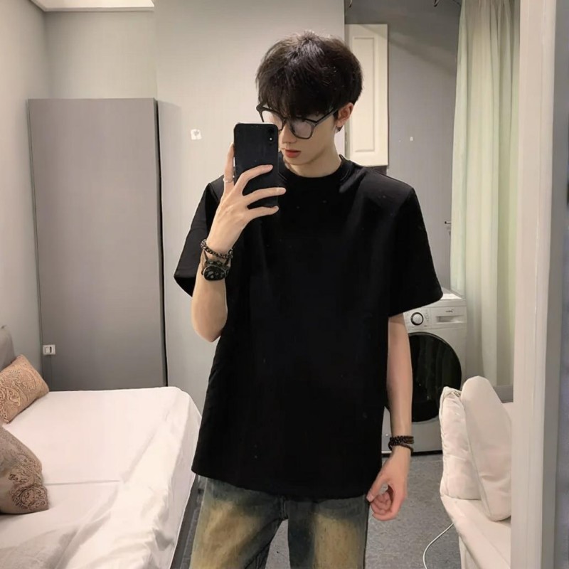 小领口纯色短袖男夏季cleanfit黑色t恤潮牌重磅美式纯棉打底衫男|undefined