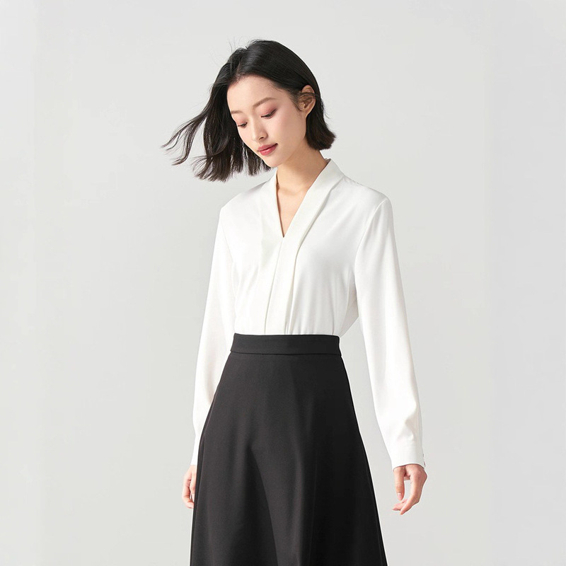 White V-Neck Professional Shirt, Women's Suit with Formal Top, Accessible Luxury and High-End Interview Chiffon Shirt