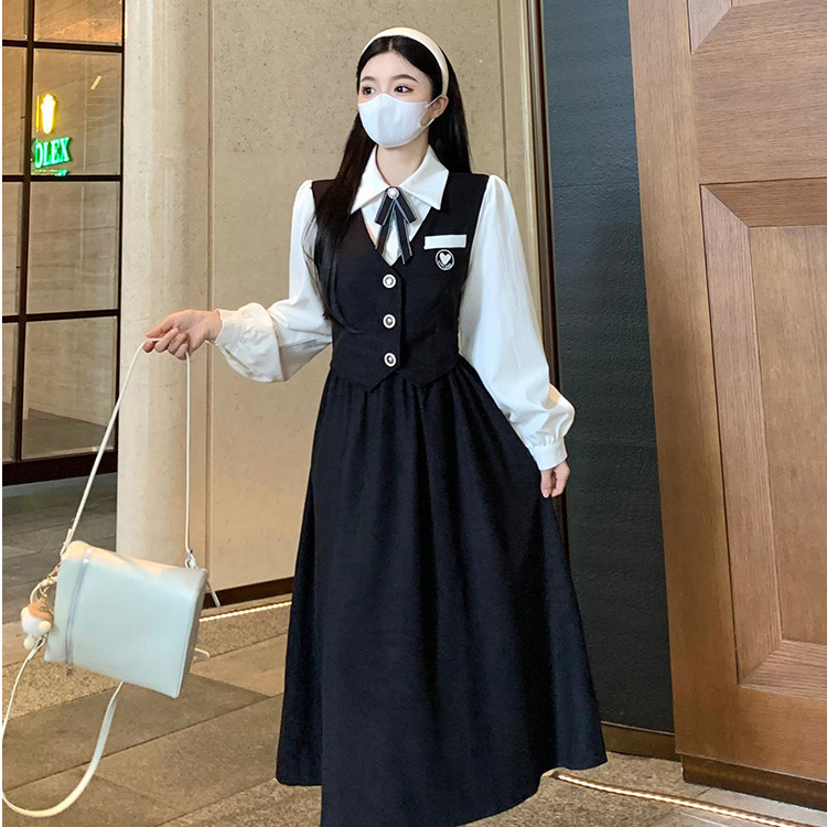 法式学院风假两件黑色连衣裙女秋冬2025年新款气质显瘦显高长裙子|undefined
