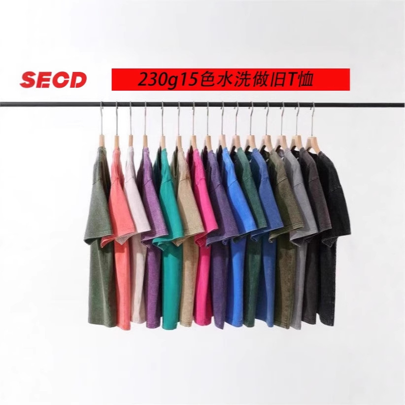 外贸专供纯棉t恤230g重磅水洗做旧t恤宽松圆领t恤欧码美版t恤男短