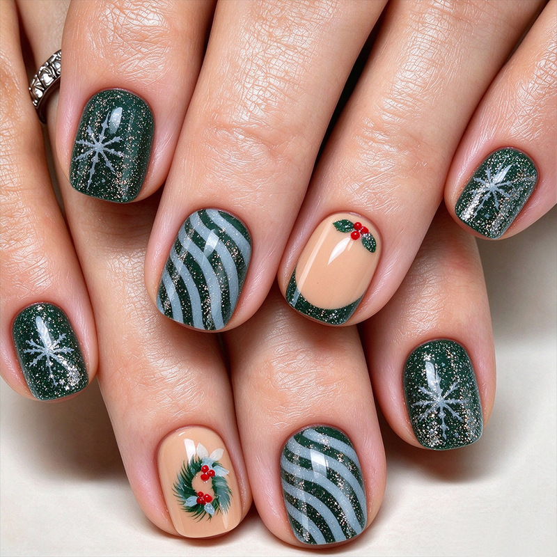 Short Square Glossy Christmas Cross-Border Nail Art Wreath Holly Fruit Stripe Snowflake European and American Style Press-On Nails 24 Pieces Fake Nails Short Square Glossy Christmas Cross-Border Nail Art Wreath Holly Fruit Stripe Snowflake European and American Style Press-On Nails 24 Pieces Fake Nails