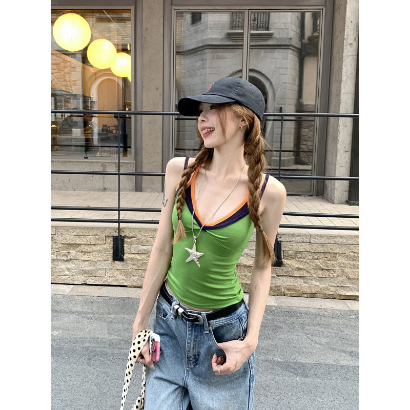 Real shot real price ~ dopamine wear green fake two-piece camisole women's outer wear slim slim short top