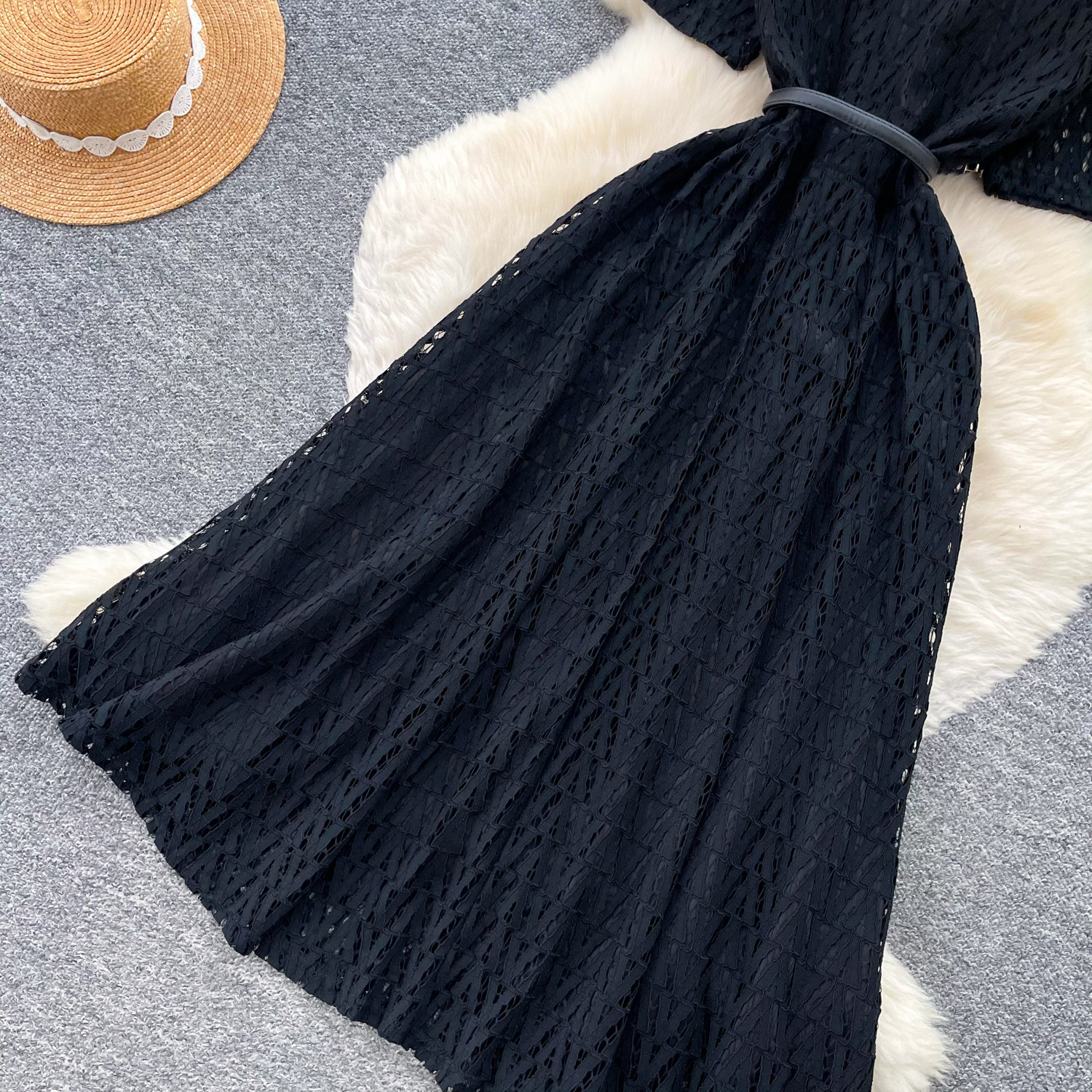 French-Inspired Lace Dress With Tie Waist - Elegant Black A-Line Midi Dress For Women_ecoleips.com