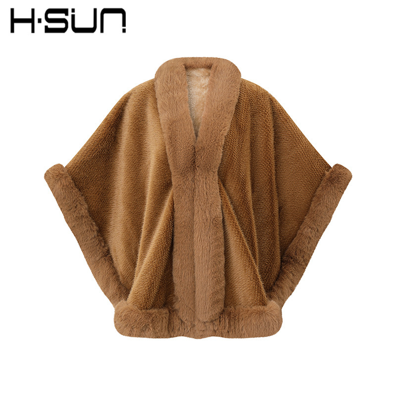 Autumn and Winter Shawl with High-Quality Imitation Rex Rabbit Fur, Women's Knitted Cape, Supports Foreign Trade, Cross-Border Cape with Fur Collar, Warm and Thickened