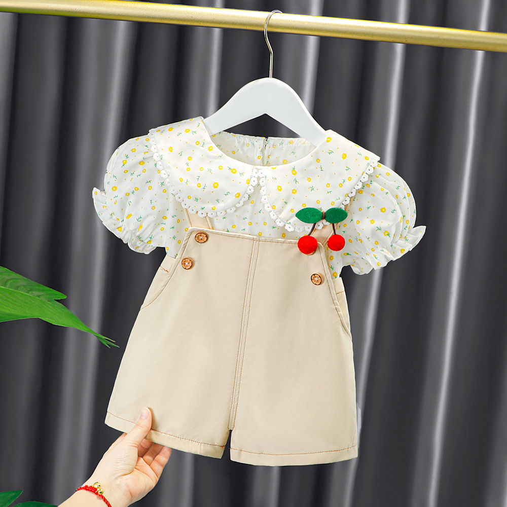 Summer new children's suit children's clothing generation hair girl doll collar lovely braces shorts two-piece suit 1622