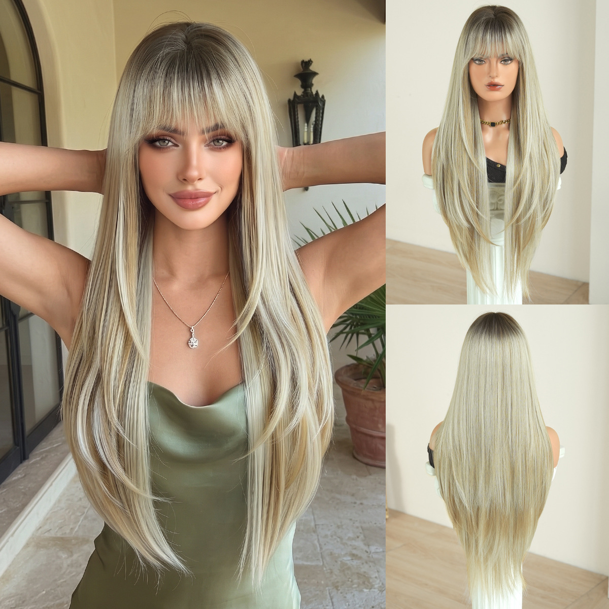 Peluca mujer moda cara redonda capa cabello liso súper largo peluca negra completa flequillo conjunto de fibra química de alta calidad