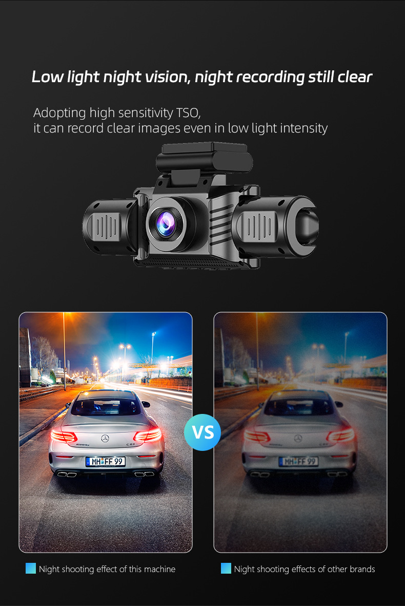 3inch Large-screen quad-recording dashcam with infrared night vision, gravity sensor, radar, parking sentinel, and in-car recorder