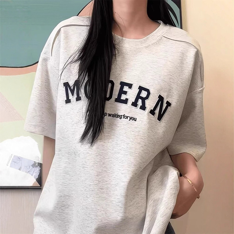 Letter Embroidered Short-Sleeved T-Shirt Men's Summer 2025 New Loose Clothes Trendy Brand American Heavy T-Shirt Five-Quarter Sleeves