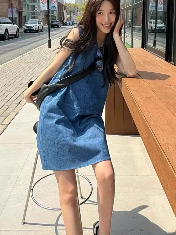 韓国系chic夏フランス式レトロ丸首ゆるいカジュアル純色ノースリーブチョッキデニムワンピーススカート女性|undefined