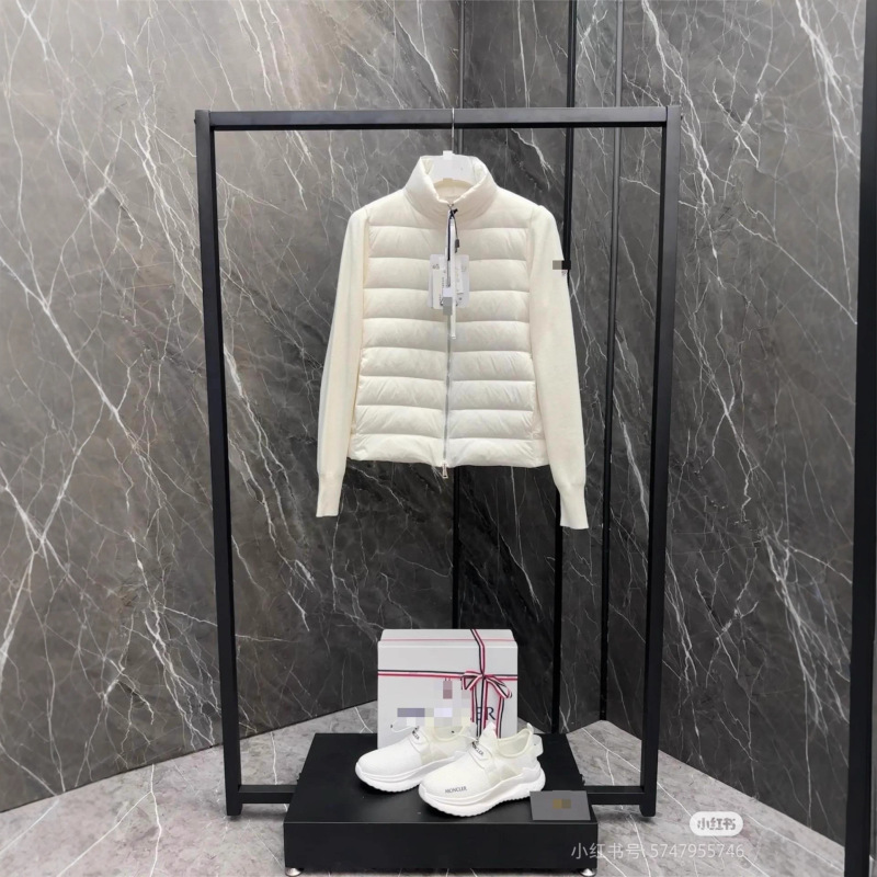 M家24新款女士立领白色针织拼接轻薄蒙家羽绒服90白鸭绒开衫外套|undefined