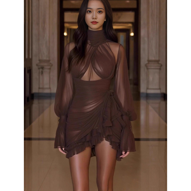 2026 Autumn New European and American Amazon Cross-Border Trade Women's Ruffled Brown High-Neck Pleated Patchwork Dress