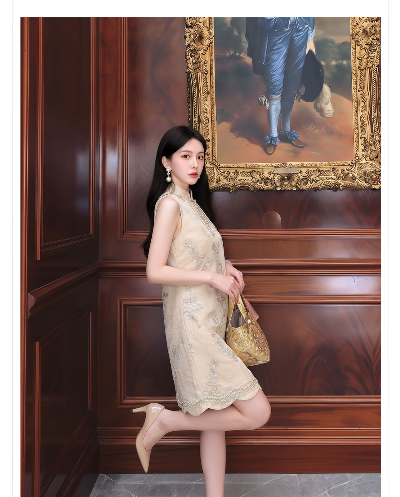 Đầm suông midi tay không họa tiết hoa nhí phong cách Tân Trung Hoa thêu hạt cườm — màu mơ chi tiết 5