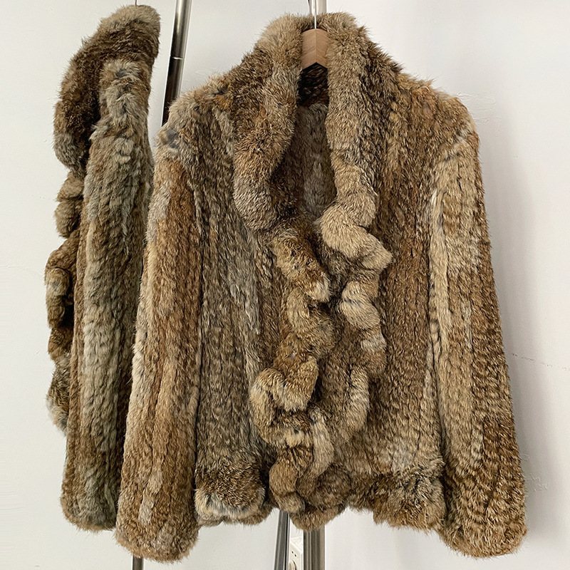 New cross-border autumn and winter style genuine rabbit fur woven coat for women, striped cardigan style, high-end luxury real fur coat New cross-border autumn and winter style genuine rabbit fur woven coat for women, striped cardigan style, high-end luxury real fur coat