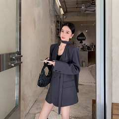 飘带无领新款休闲西装外套女春秋高级设计宽松显瘦腰带气质西服