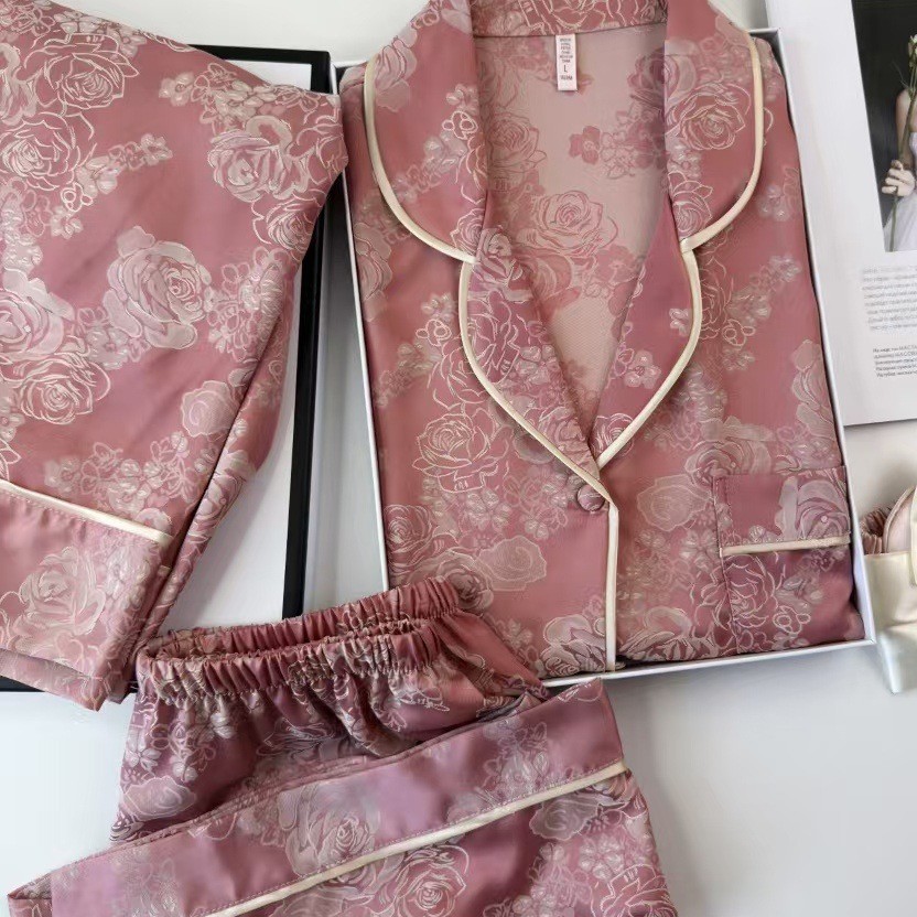 [Cationic] New Chinoiserie Ice Silk Pajamas for Women, Jacquard High-End Retro Home Wear Set That Can Be Worn Outside