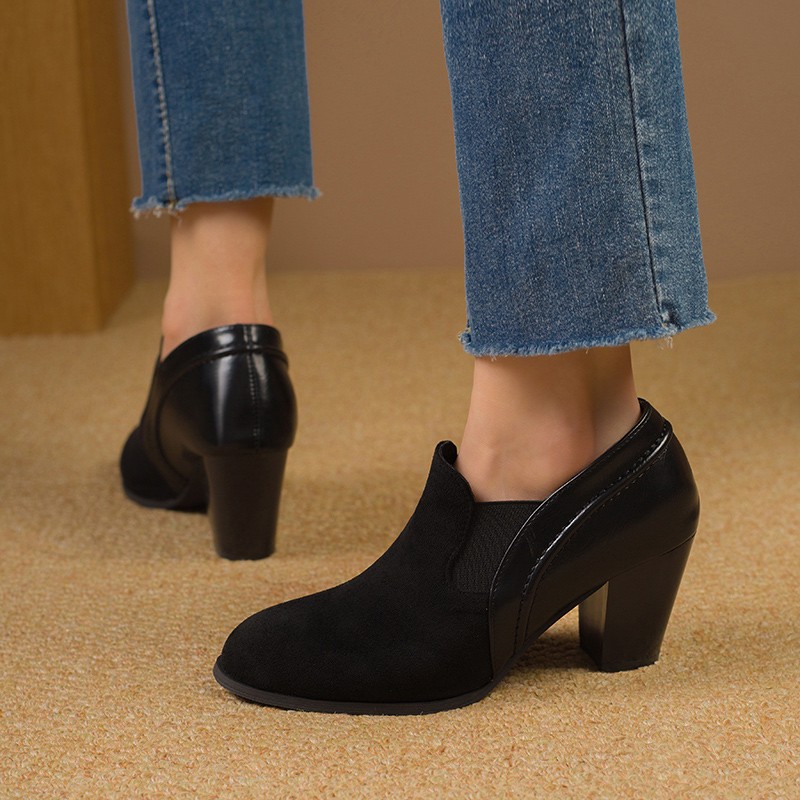 Herbstliche Wildleder-Pumps mit hohem Absatz für Damen in großen Größen, Blockabsatz, elastischer Schaft, professioneller Stil_voghion.com