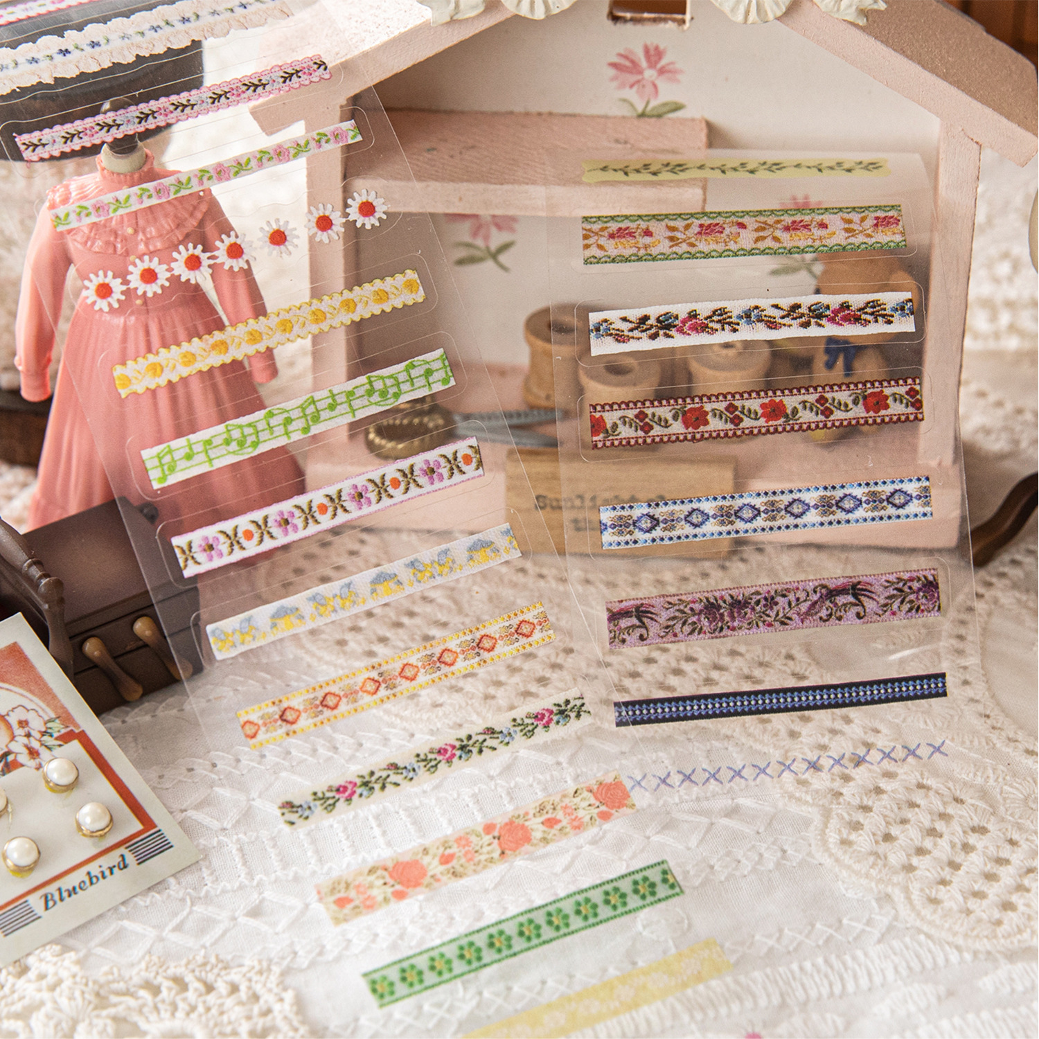 Mo Mo PET troquelado cinta de tinta blanca libro de costura estilo pastoral retro floral material de tienda de mano pegatinas decorativas de bricolaje