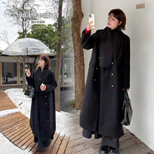 伊诺大码女装气质黑色呢子大衣2025冬赫本风长款风衣外套413628