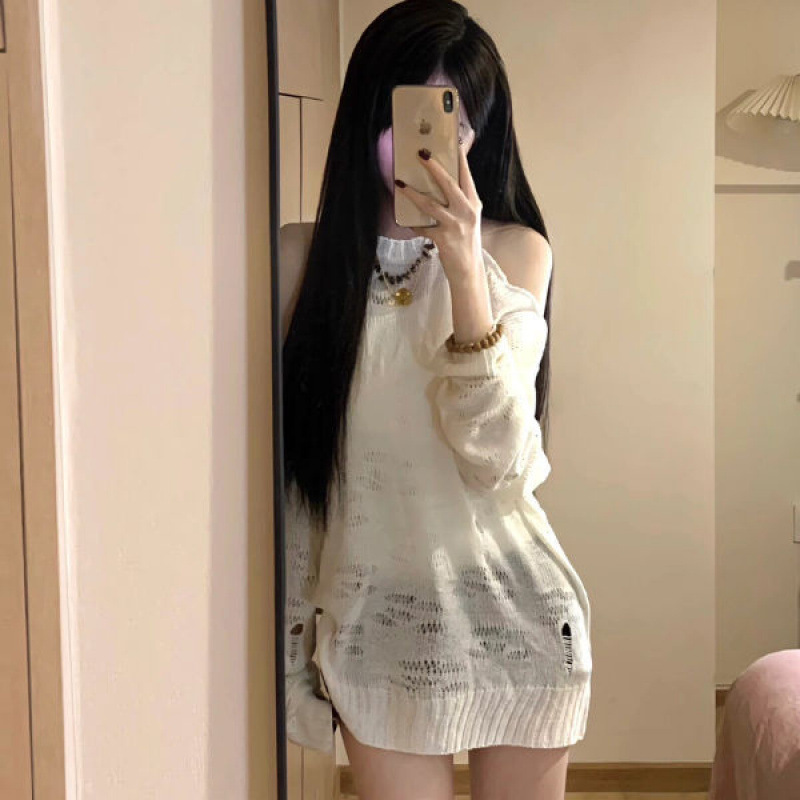 Summer New Shoulder White Hollow Knitted Blouse Lower Body Missing Loose All-match Sun Protection Summer New Shoulder White Hollow Knitted Blouse Lower Body Missing Loose All-match Sun Protection