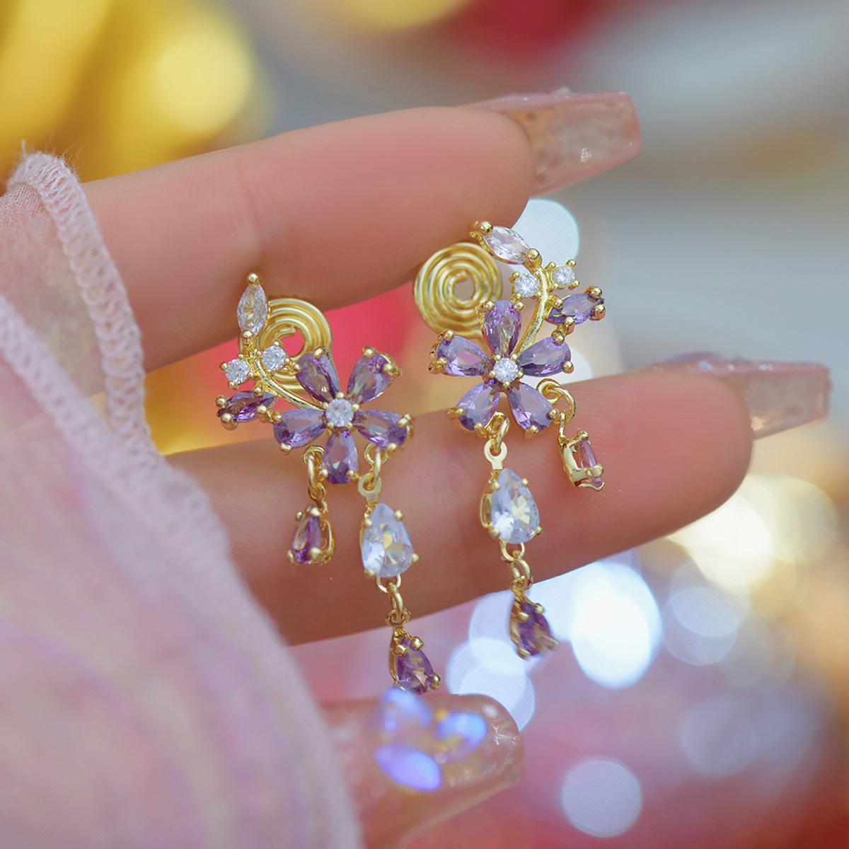 Copper Material Flower Pattern Women's Gender Plating, Inlay Design 1 Pair Elegant Flower Plating Inlay Copper Zircon Drop Earrings