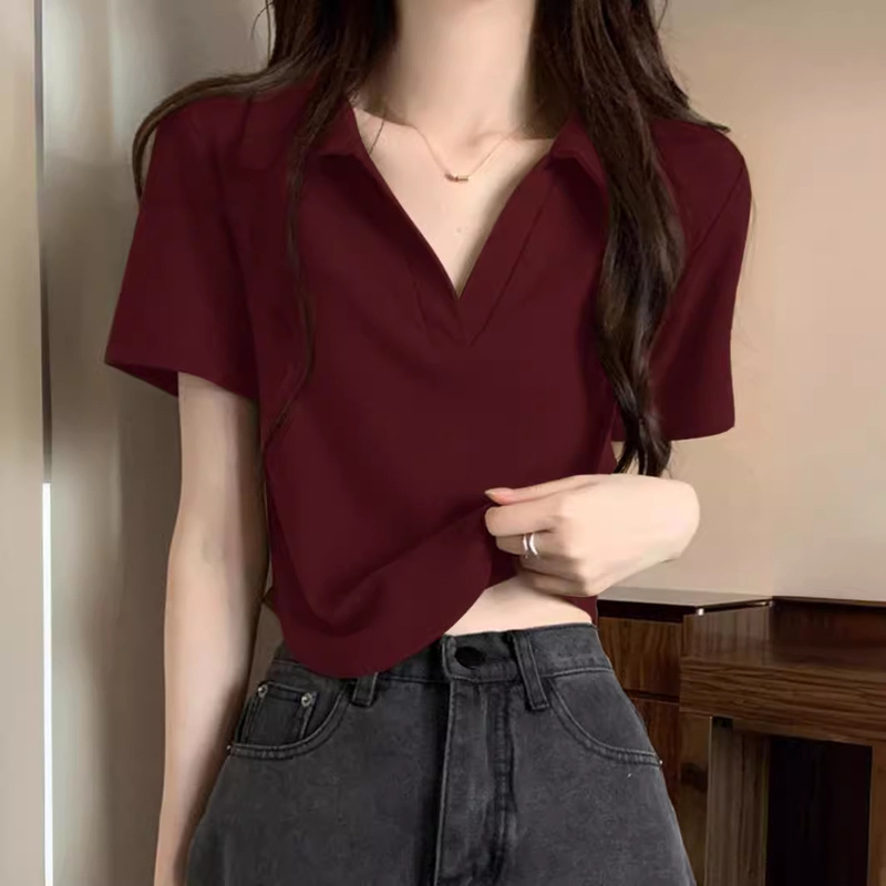 Burgundy Polo Collar Short-Sleeved T-Shirt for Women 2024 Spring and Summer Korean Style Slim V Neck Petite Right Shoulder Short Top