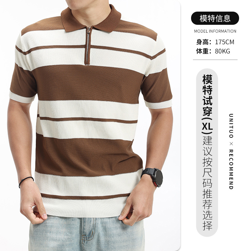 Lujo ligero viejo estilo de dinero para hombres a rayas de punto polo de seda de hielo para hombres mangas cortas de negocios casual solapa de alta calidad ropa de hombre
