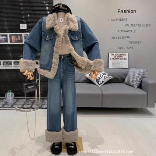 College Style Fur Splicing Thickened Denim Suit Women's Winter Korean Style Loose Casual Denim Jacket Straight Pants
