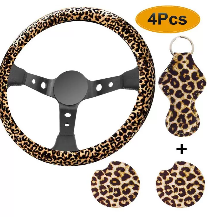 潜水料外贸跨境通用汽车方向盘套浅豹纹把套钥匙扣4件套印花ebay