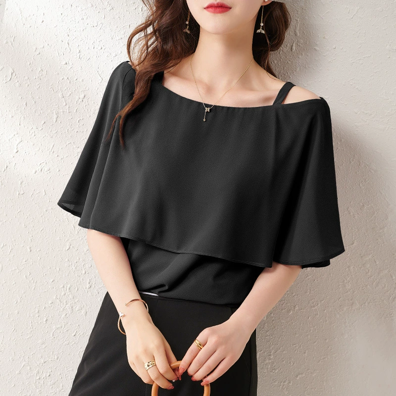 Love-Yi Buying Clothes 2023 Лето Новая шифоновая рубашка женская с коротким рукавом на одно плечо Тонкая свободная женская рубашка большого размера Модный женский топ