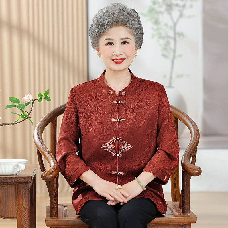 Бабушка летняя праздничная свадебная банкетная одежда костюм Тан пожилая женщина мама рубашка топ шелковый атласный кардиган