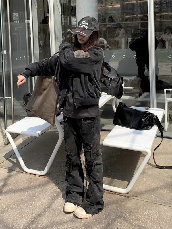 Heavy-Duty Boro Embroidery Distressed Double-Layer Patch Flared Jeans Vintage Slim-Fit Baggy Pants