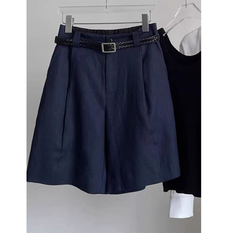Quần short nữ cạp cao vải lanh cotton mùa hè dáng rộng thoải mái — màu xanh navy chi tiết 5
