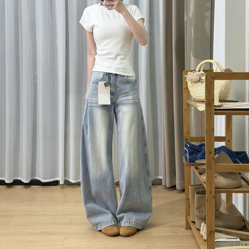 American retro wide-leg jeans for petite women, loose-fitting, slimming, drapey, floor-length wide-leg pants