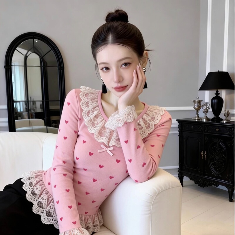 Sweet pink heart-shaped lace trim long-sleeve top, new spring/autumn slim-fit, elegant base layer shirt