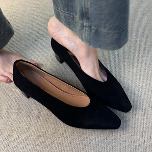 Commuter Frosted Leather Simple Slip-on Shoes Women's French Shallow Mouth Square Toe Retro Thick Heel Milk Shoes