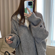 韩系2025新款灰色拉链连帽毛衣女秋冬季慵懒风针织开衫卫衣外套