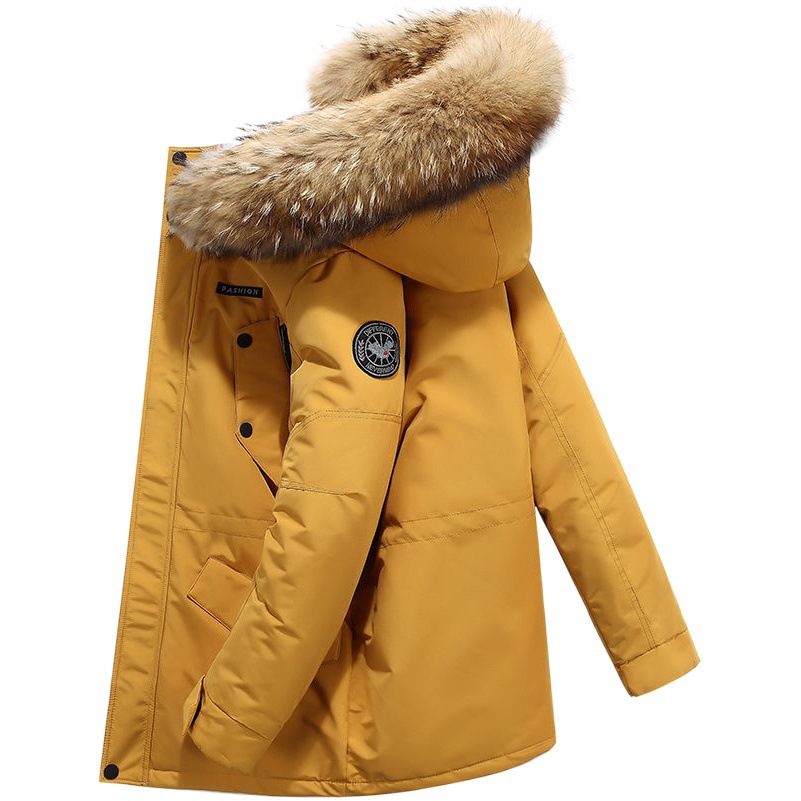 Ropa de trabajo de comercio exterior transfronterizo Big Goose Ropa de invierno para hombres Chaqueta de pareja cálida engrosada con capucha y cuello de piel grande de longitud media para hombres