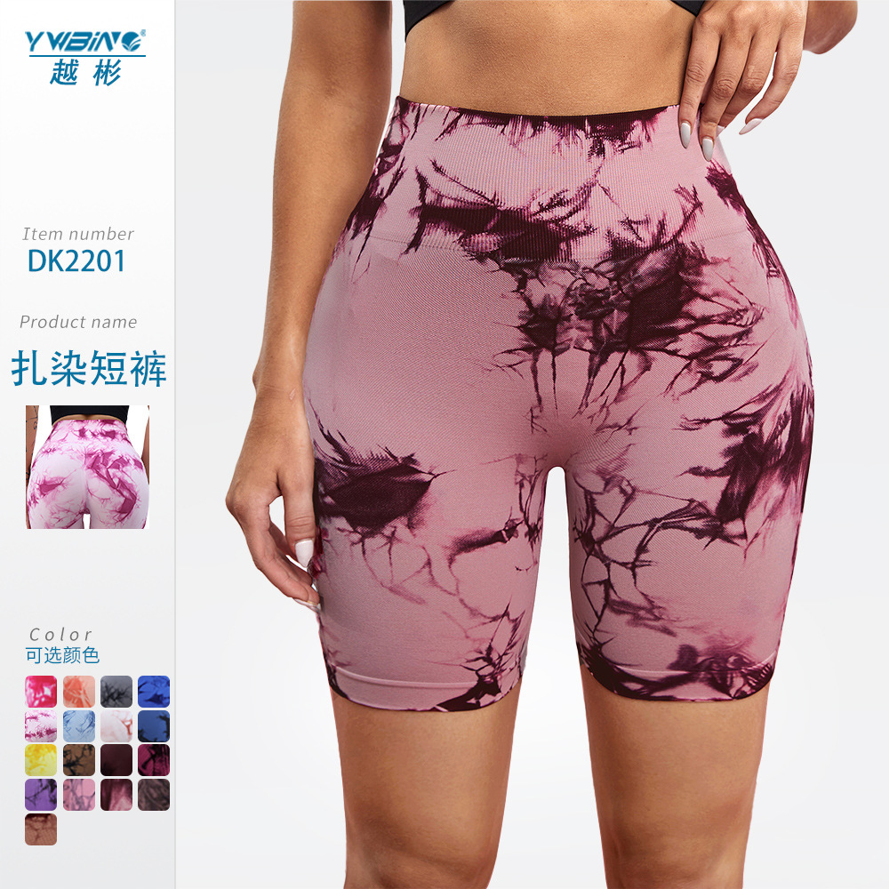En stock sin costuras Peach Hip tie-dye pantalones cortos de yoga cintura alta slim fit Pantalones deportivos estiramiento transpirable pantalones cortos de fitness