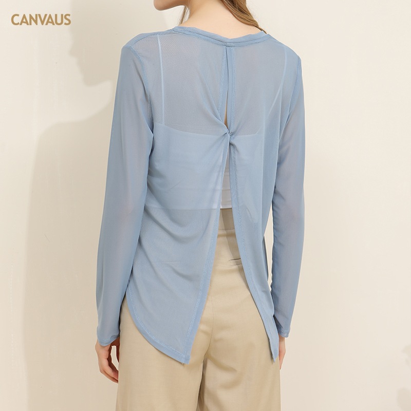 CANVAUS Mujeres Nuevo Otoño de manga larga suelta cuello redondo malla ahueca hacia fuera vestir prendas exteriores superior para las en stock venta al por mayor