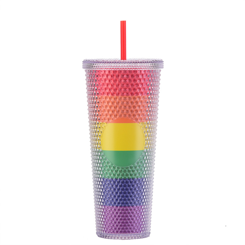 Suministro directo de fábrica de doble capa de paja de plástico taza de gran capacidad creativa 710ml taza Durian taza de mano portátil taza de diamante