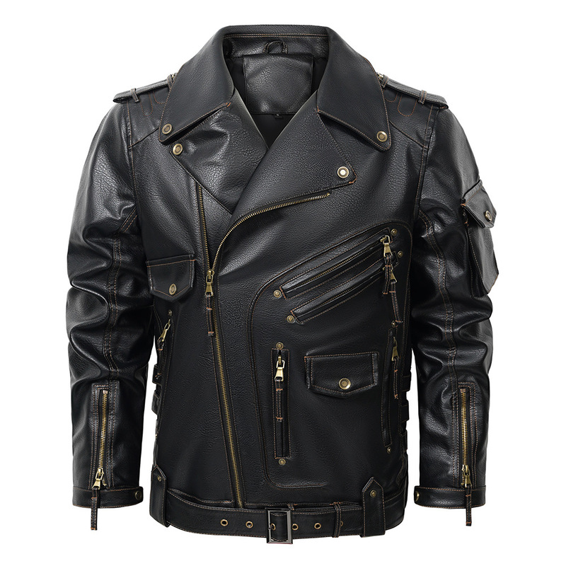 Europe and the United States cross-border motorcycle PU leather jacket Amazon multi-pocket zipper leather jacket men's autumn and winter punk jacket European size Europe and the United States cross-border motorcycle PU leather jacket Amazon multi-pocket zipper leather jacket men's autumn and winter punk jacket European size