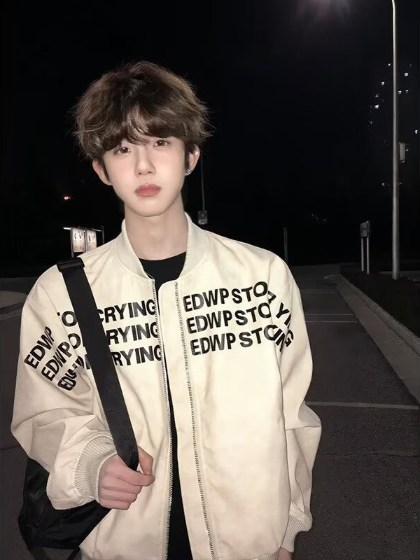 美式字母印花短款棒球服男春秋廓形垫肩hiphop高级感痞帅飞行外套|undefined