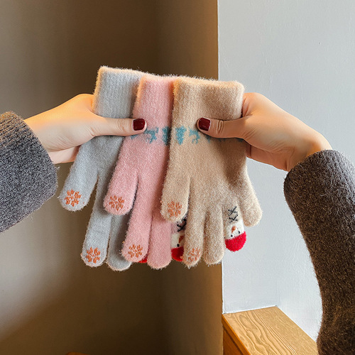 Gloves for women in winter, cute snowman cartoon, thickened and warm, touch screen soft girl ins, student winter riding to protect against cold