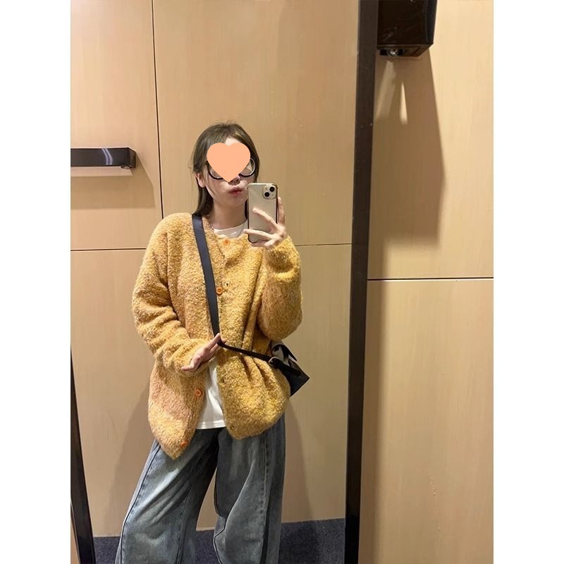 慵懒风软糯黄色针织外套女秋冬季新款设计感甜美减龄宽松休闲上衣|undefined