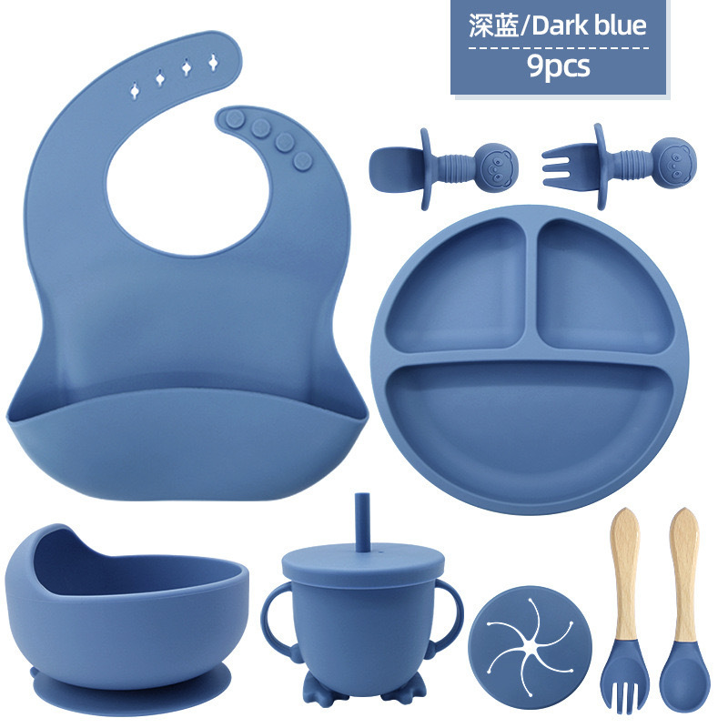 Vajilla de silicona de punto transfronterizo, tenedor, cuchara, taza para beber, suplemento alimenticio para niños, juego de 9 piezas, plato de ventosa, babero, plato de comedor, ventosa a prueba de caídas