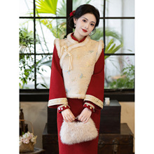 红色旗袍2025新款加绒加厚马甲套装新中式国风拜年服新年战袍冬装