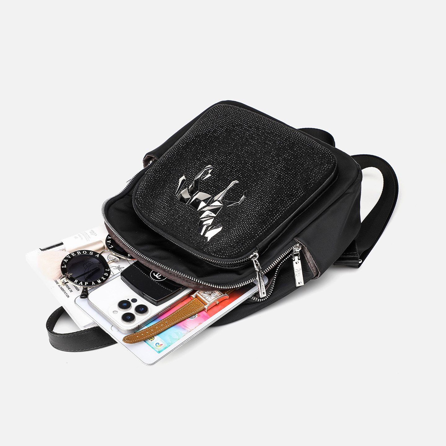 Mochila de nylon unidireccional práctica de hombro estilo cremallera de viaje ocio bolsa de almacenamiento LP7280#